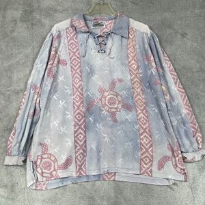 Tienda Ho Blouse Top Womens OS Blue Printed Rayon Pleated Lace Up Neck